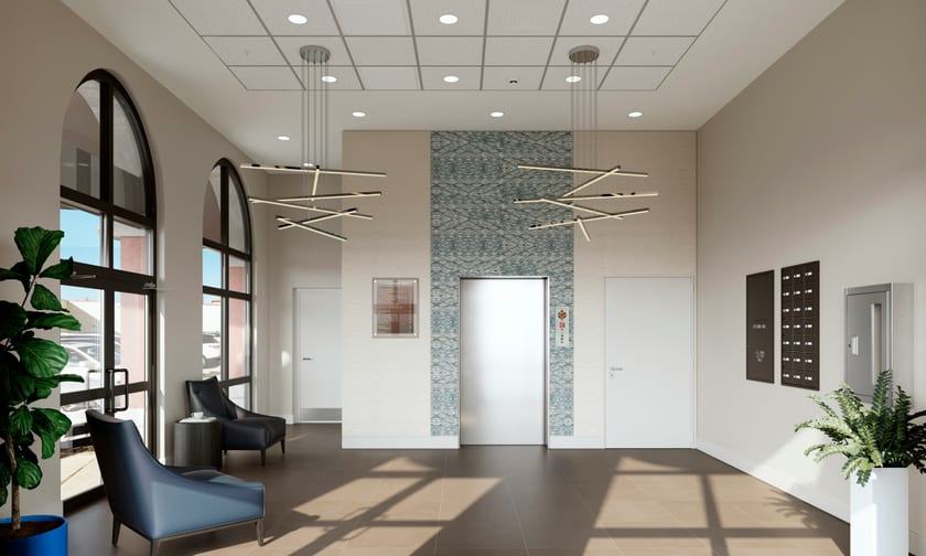 Modern building lobby entrance — representing Qlaio's organized, floor-by-floor service structure